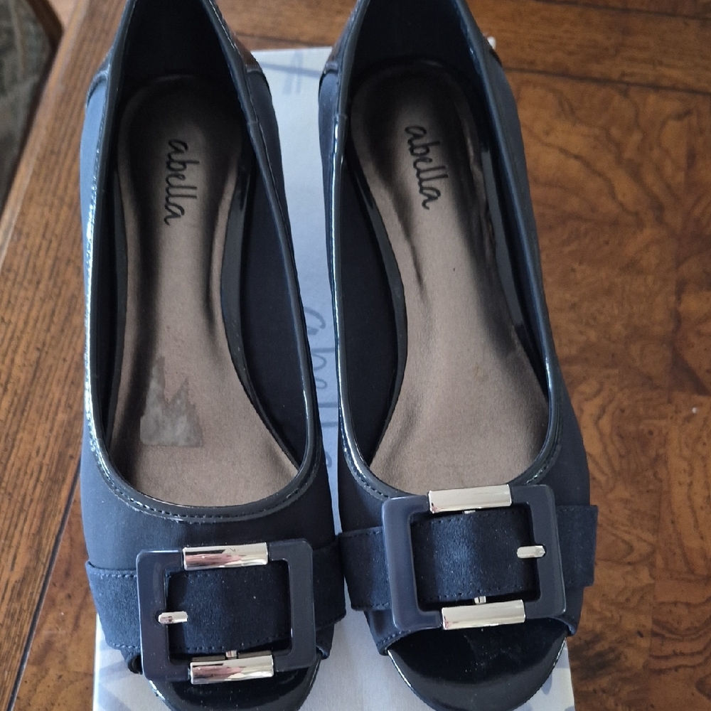 Abella Navy Peep-Toe Flats with Buckle Accent
